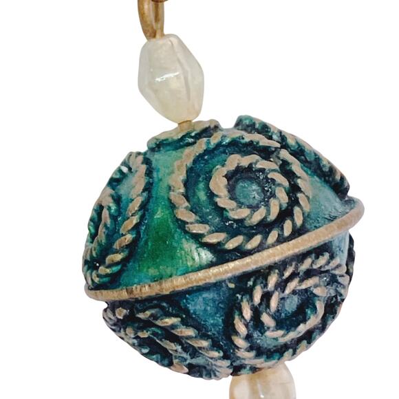 VTG Glass Lampwork Brass Earrings Green Boho Artisan Drop Dangle Ornate Earthy - Picture 12 of 16